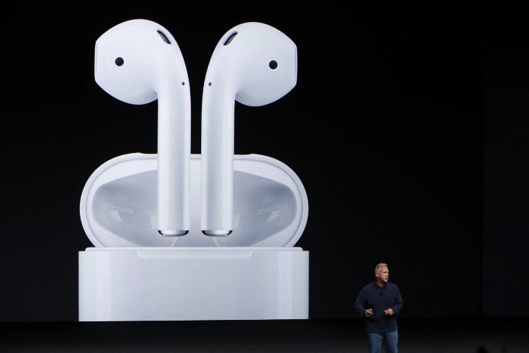 SAN FRANCISCO, CA - SEPTEMBER 07: Apple Senior Vice President of Worldwide Marketing Phil Schiller announces AirPods during a launch event on September 7, 2016 in San Francisco, California. Apple Inc. is expected to unveil latest iterations of its smart phone, forecasted to be the iPhone 7. The tech giant is also rumored to be planning to announce an update to its Apple Watch wearable device. Stephen Lam/Getty Images/AFP