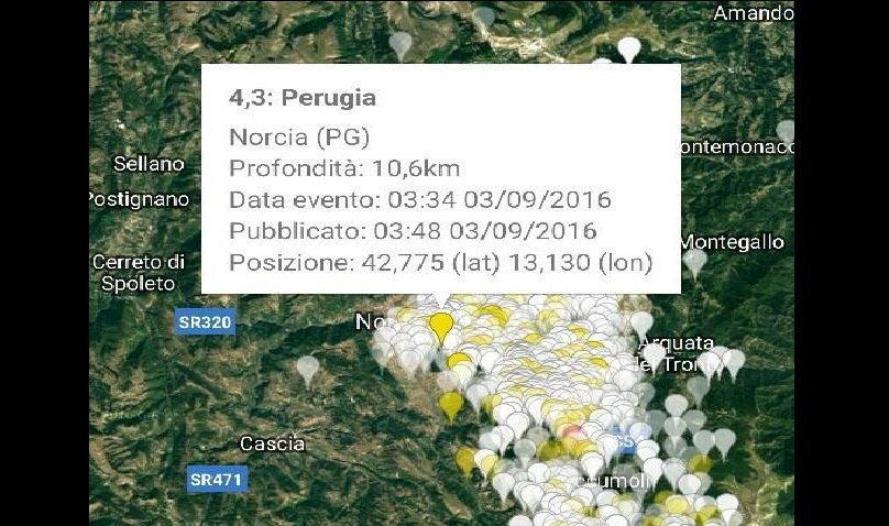Terremoto Scossa da 4.3 in provincia di Perugia alle 3.34